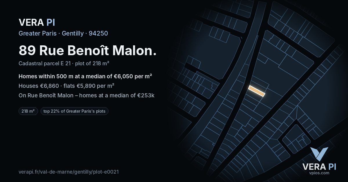 89 Rue Benoît Malon, Gentilly at night – the plot lit, the parcels around coloured by the prices near them