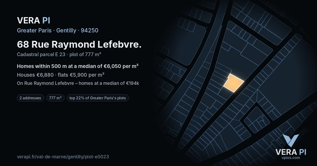 68 Rue Raymond Lefebvre, Gentilly at night – the plot lit, the parcels around coloured by the prices near them