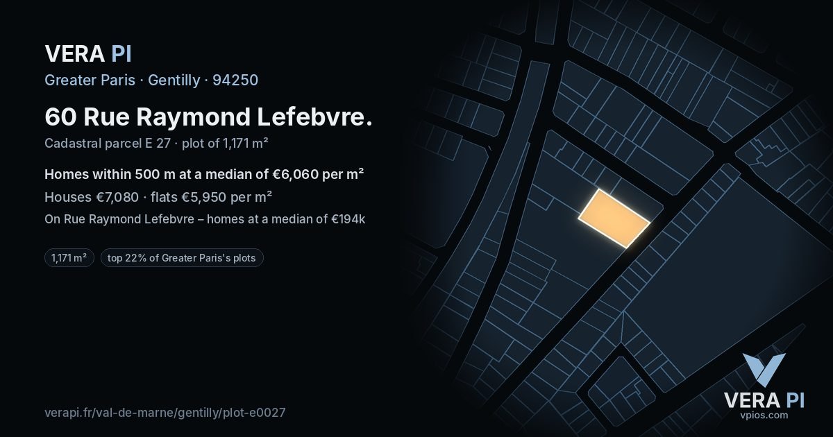 60 Rue Raymond Lefebvre, Gentilly at night – the plot lit, the parcels around coloured by the prices near them