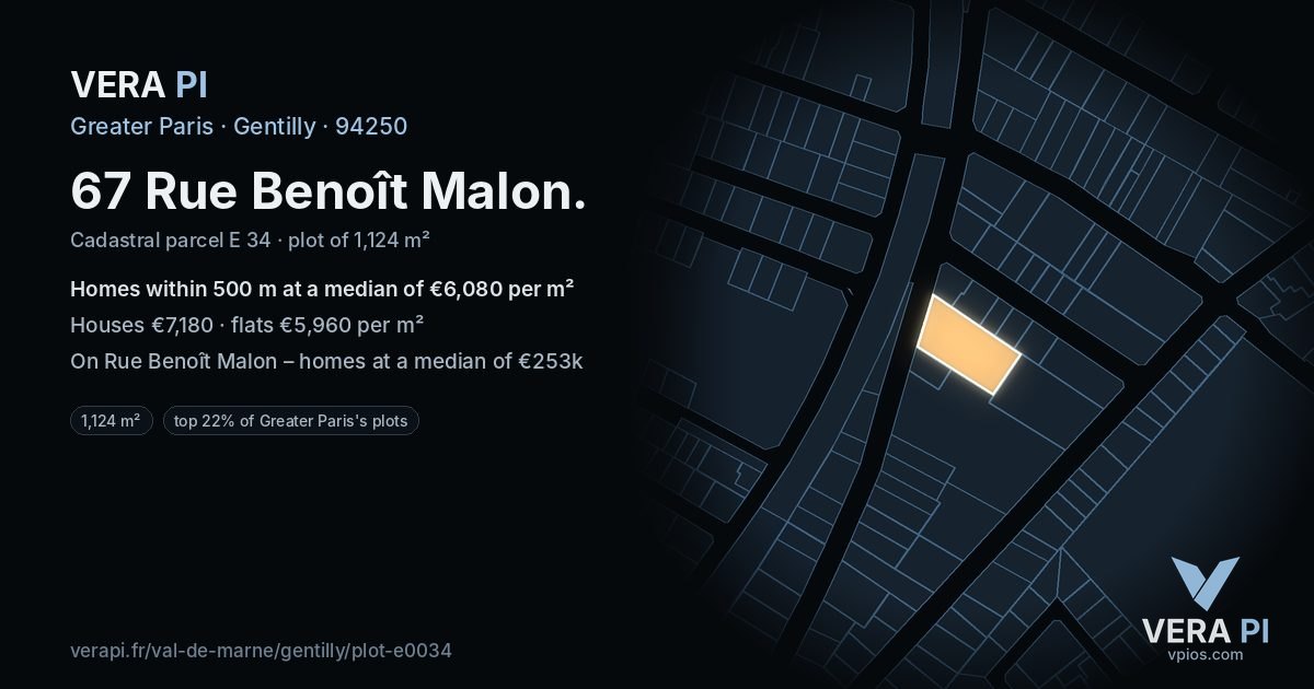 67 Rue Benoît Malon, Gentilly at night – the plot lit, the parcels around coloured by the prices near them