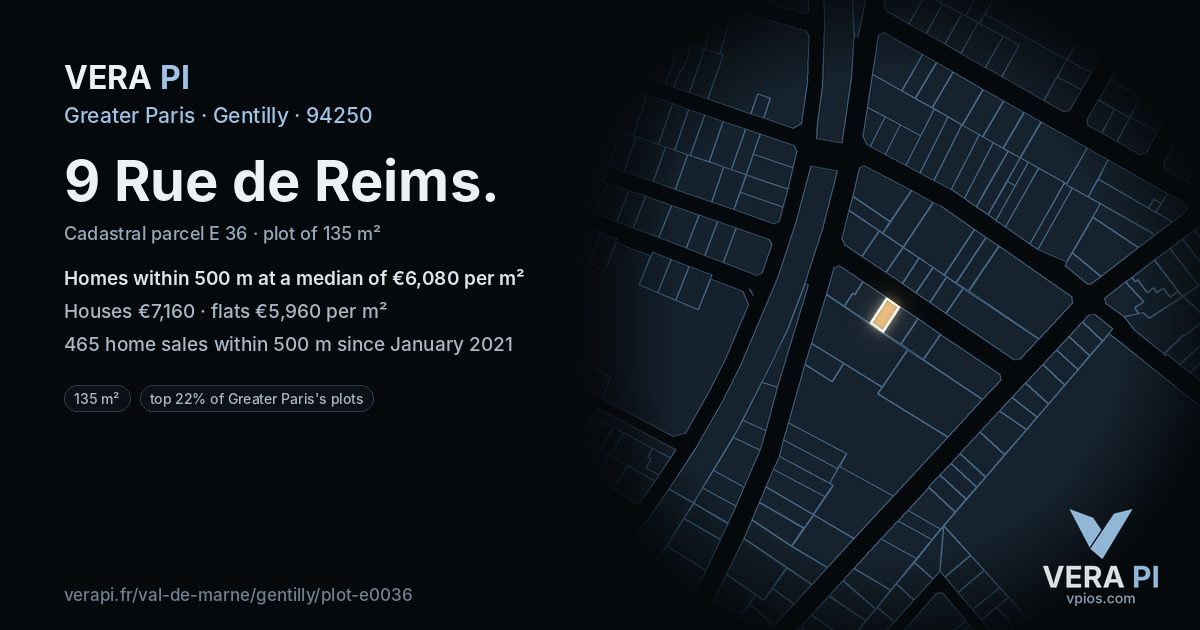 9 Rue de Reims, Gentilly at night – the plot lit, the parcels around coloured by the prices near them