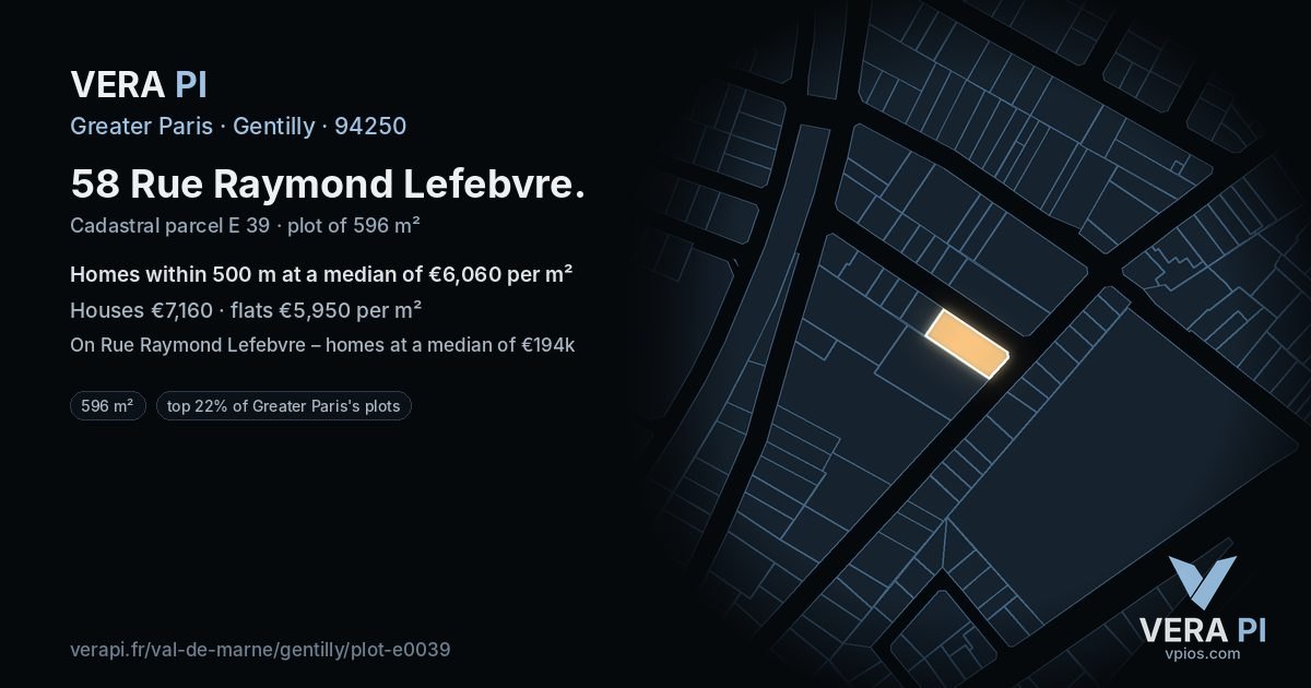 58 Rue Raymond Lefebvre, Gentilly at night – the plot lit, the parcels around coloured by the prices near them