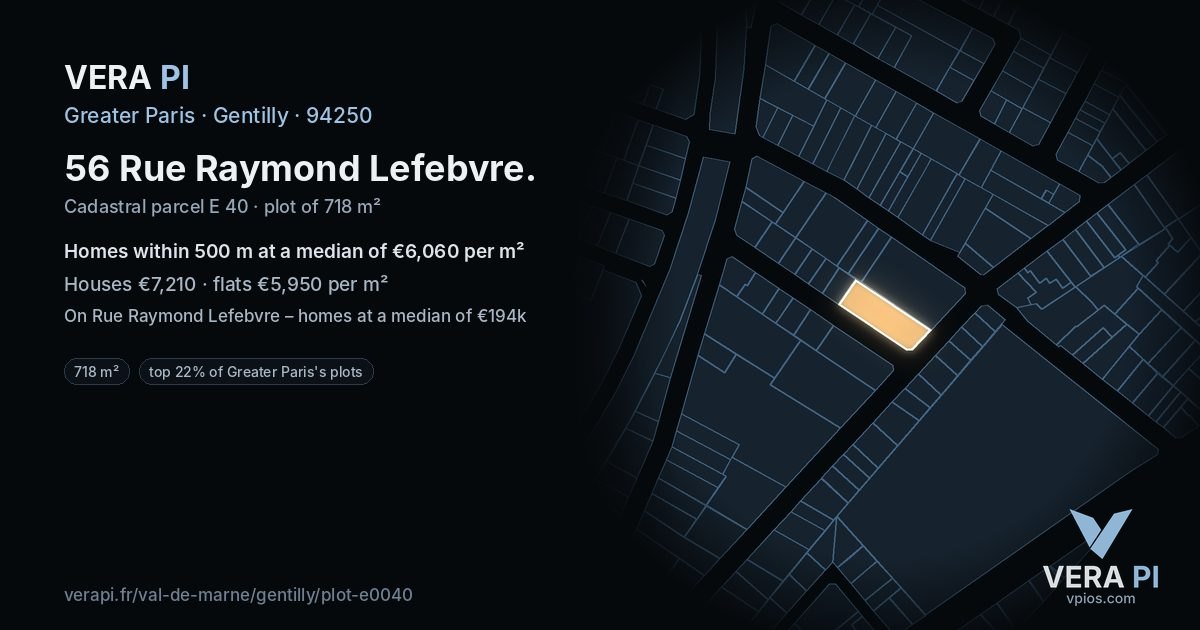 56 Rue Raymond Lefebvre, Gentilly at night – the plot lit, the parcels around coloured by the prices near them
