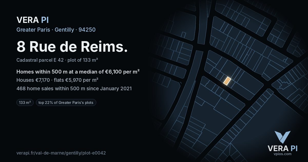 8 Rue de Reims, Gentilly at night – the plot lit, the parcels around coloured by the prices near them