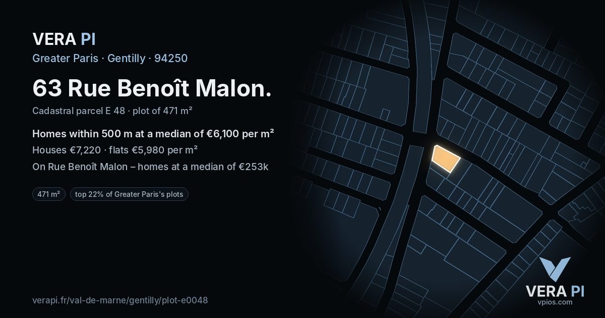 63 Rue Benoît Malon, Gentilly at night – the plot lit, the parcels around coloured by the prices near them