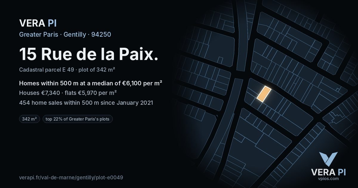 15 Rue de la Paix, Gentilly at night – the plot lit, the parcels around coloured by the prices near them