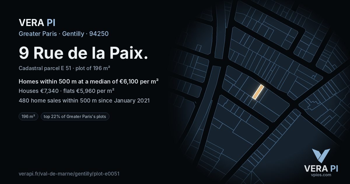 9 Rue de la Paix, Gentilly at night – the plot lit, the parcels around coloured by the prices near them
