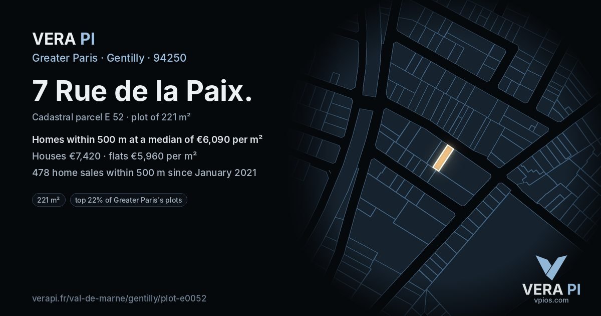 7 Rue de la Paix, Gentilly at night – the plot lit, the parcels around coloured by the prices near them