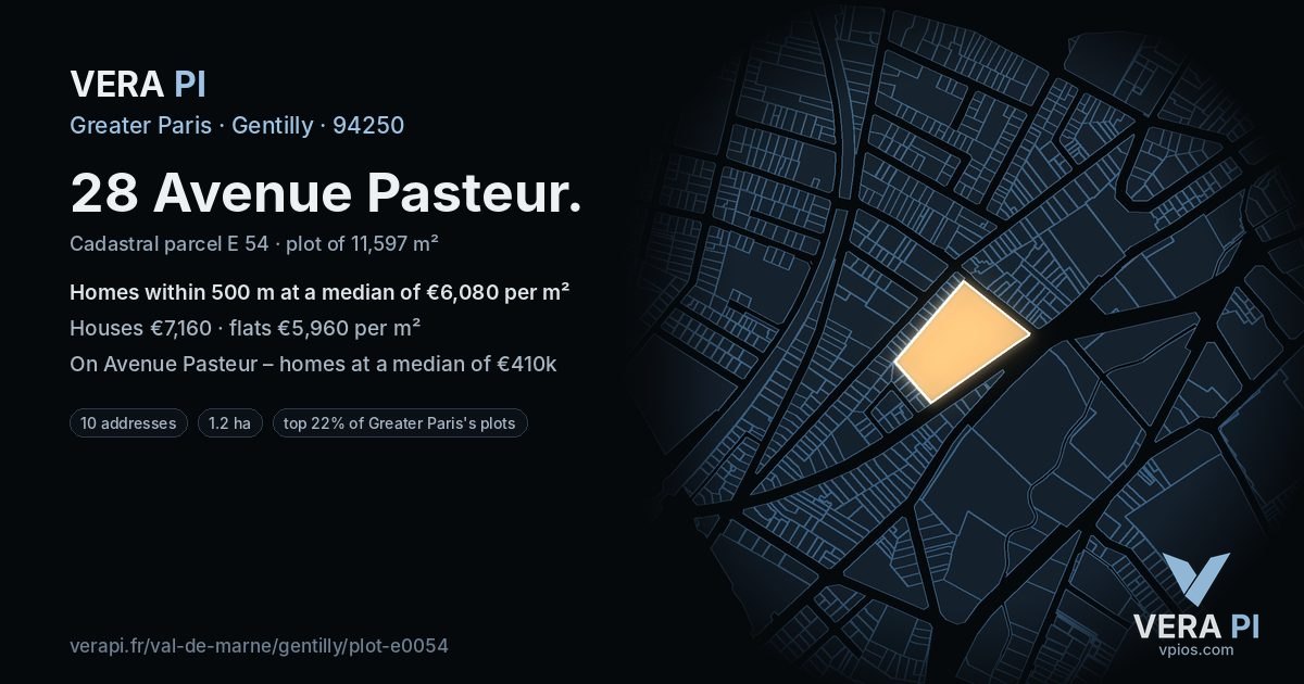 28 Avenue Pasteur, Gentilly at night – the plot lit, the parcels around coloured by the prices near them