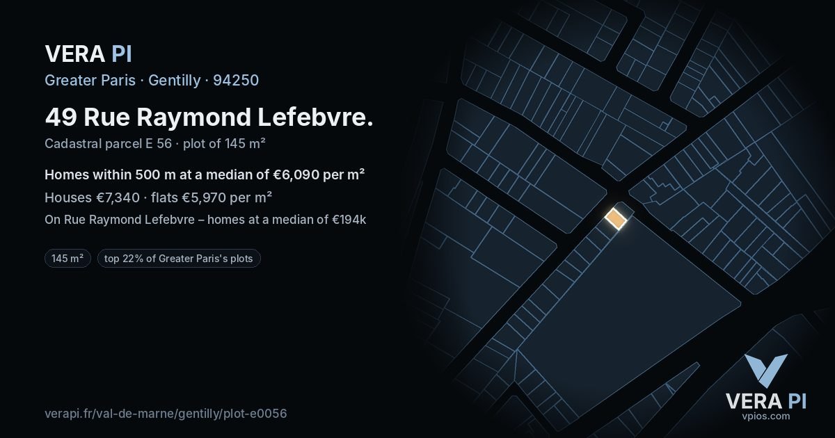 49 Rue Raymond Lefebvre, Gentilly at night – the plot lit, the parcels around coloured by the prices near them