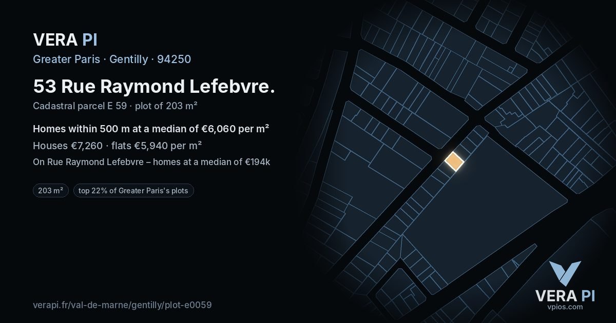 53 Rue Raymond Lefebvre, Gentilly at night – the plot lit, the parcels around coloured by the prices near them