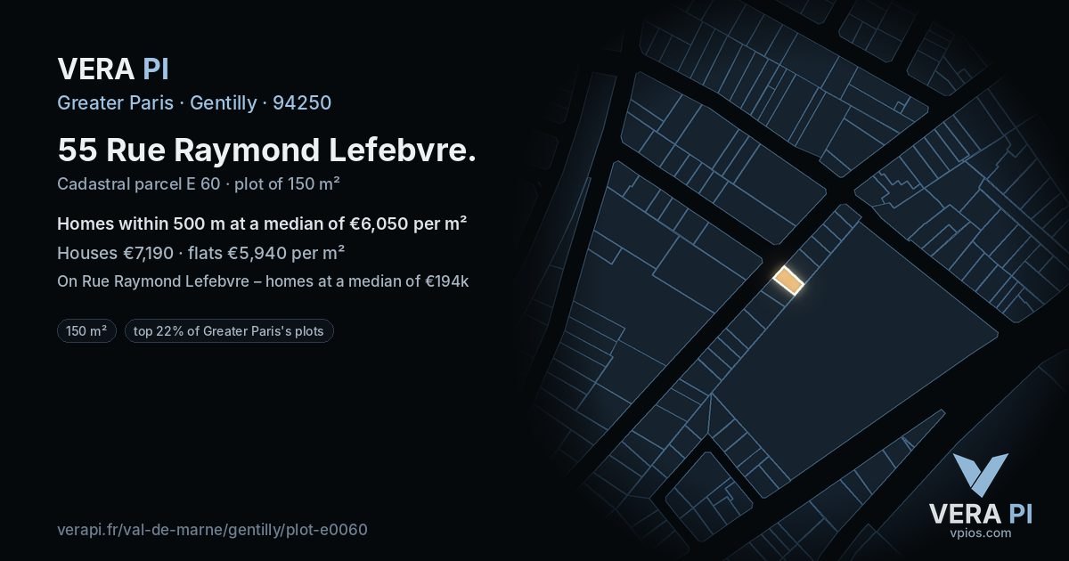 55 Rue Raymond Lefebvre, Gentilly at night – the plot lit, the parcels around coloured by the prices near them