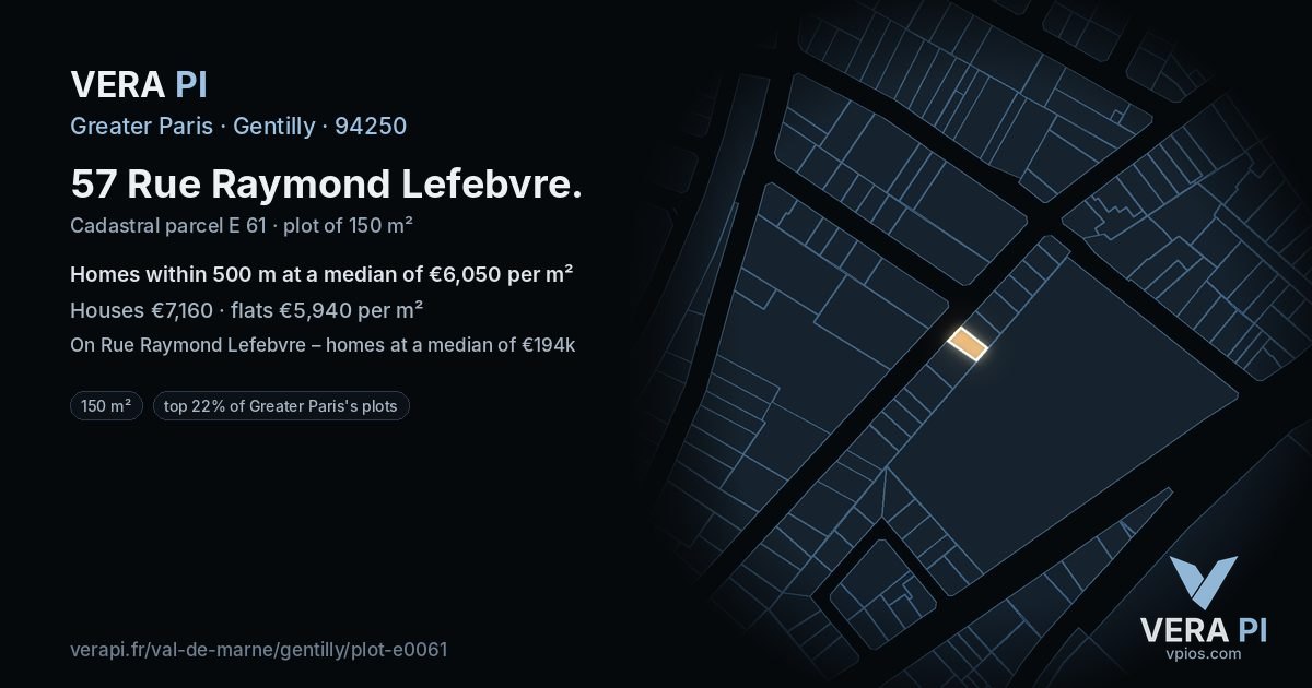 57 Rue Raymond Lefebvre, Gentilly at night – the plot lit, the parcels around coloured by the prices near them