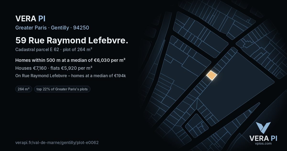 59 Rue Raymond Lefebvre, Gentilly at night – the plot lit, the parcels around coloured by the prices near them