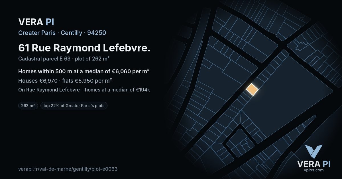 61 Rue Raymond Lefebvre, Gentilly at night – the plot lit, the parcels around coloured by the prices near them