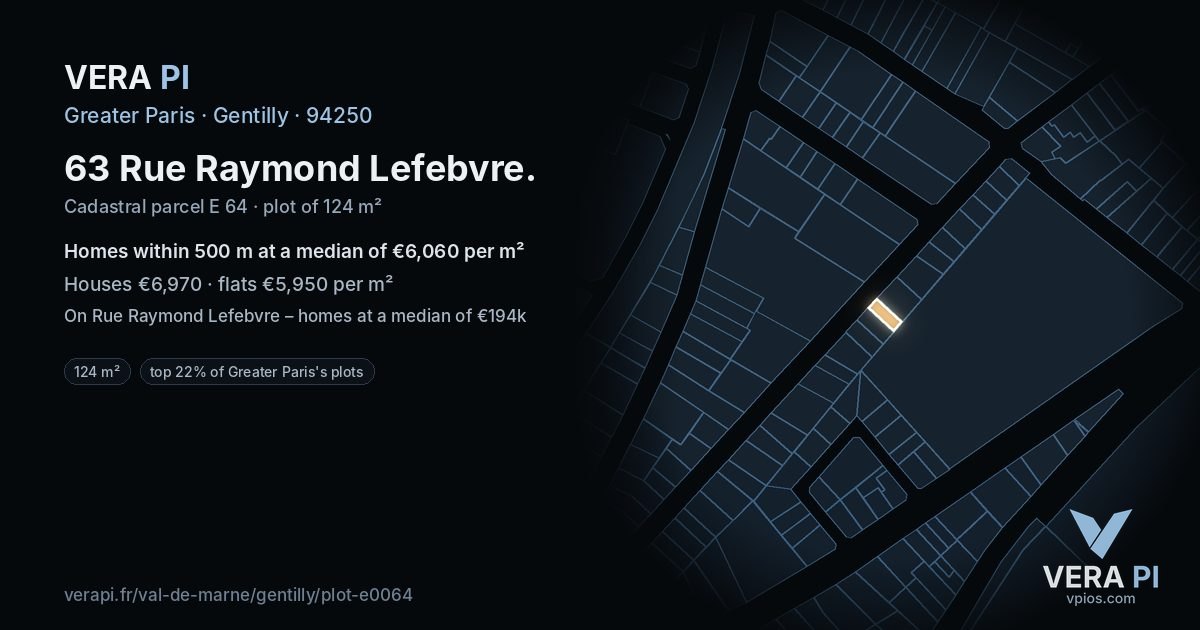 63 Rue Raymond Lefebvre, Gentilly at night – the plot lit, the parcels around coloured by the prices near them
