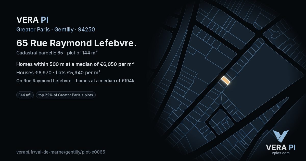 65 Rue Raymond Lefebvre, Gentilly at night – the plot lit, the parcels around coloured by the prices near them