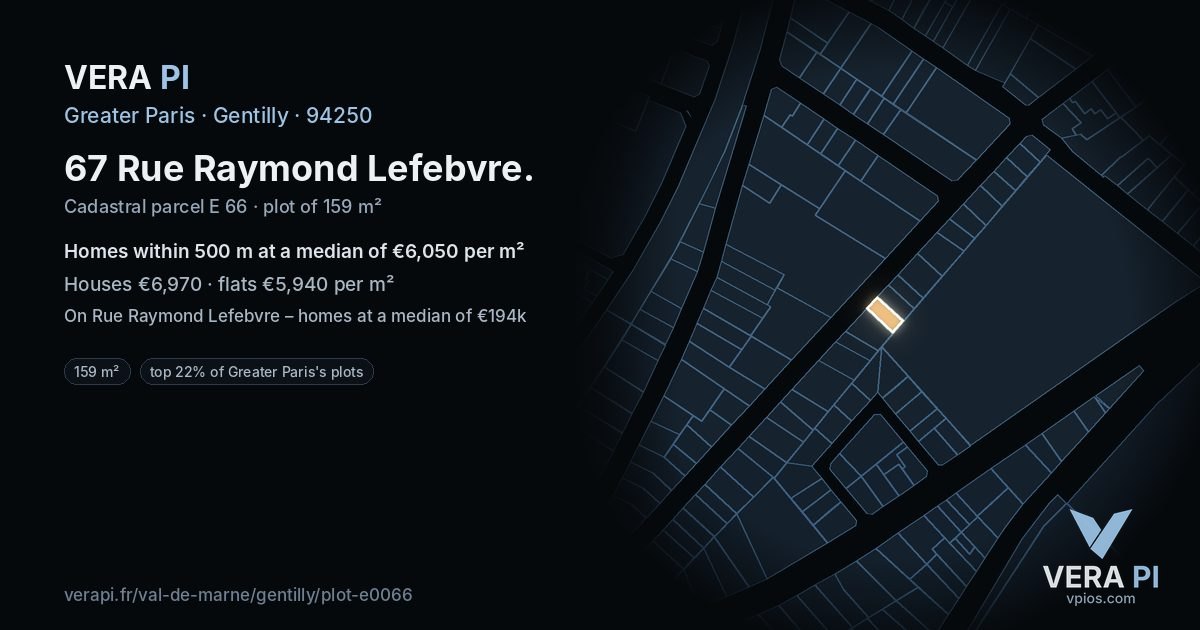 67 Rue Raymond Lefebvre, Gentilly at night – the plot lit, the parcels around coloured by the prices near them