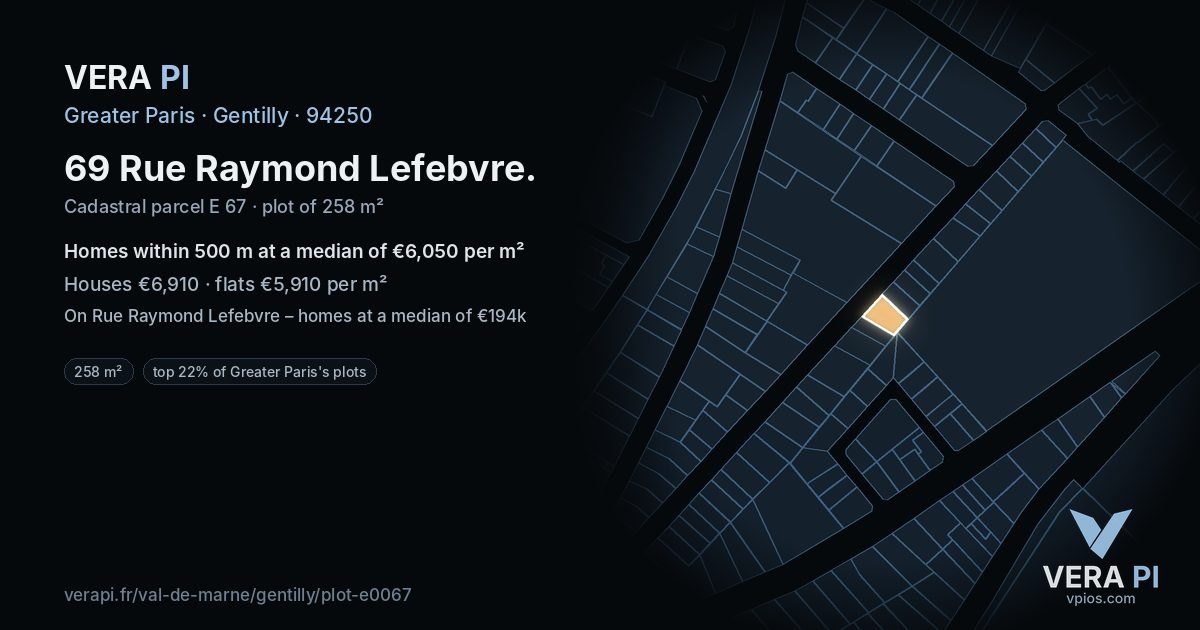 69 Rue Raymond Lefebvre, Gentilly at night – the plot lit, the parcels around coloured by the prices near them
