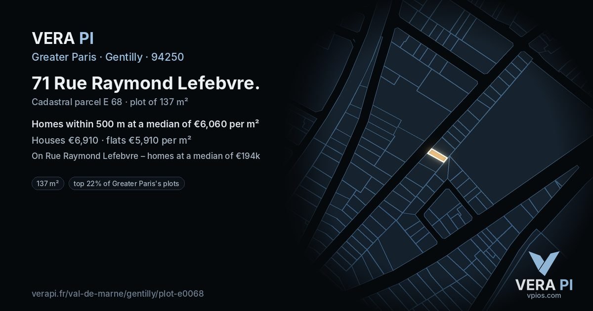 71 Rue Raymond Lefebvre, Gentilly at night – the plot lit, the parcels around coloured by the prices near them