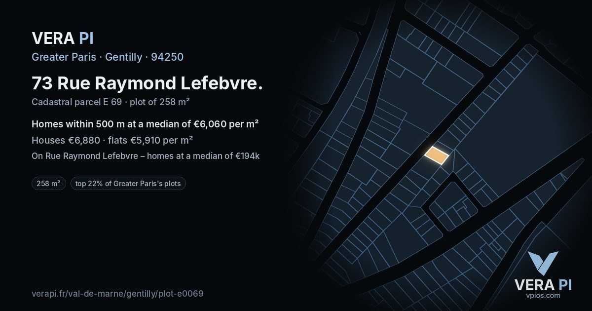 73 Rue Raymond Lefebvre, Gentilly at night – the plot lit, the parcels around coloured by the prices near them