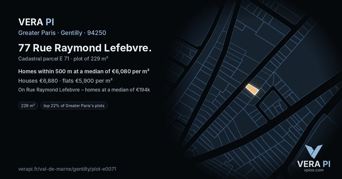 77 Rue Raymond Lefebvre, Gentilly at night – the plot lit, the parcels around coloured by the prices near them