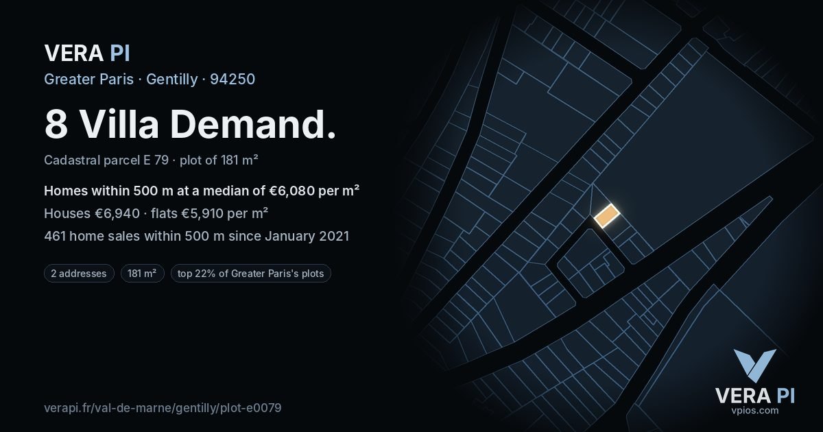 8 Villa Demand, Gentilly at night – the plot lit, the parcels around coloured by the prices near them
