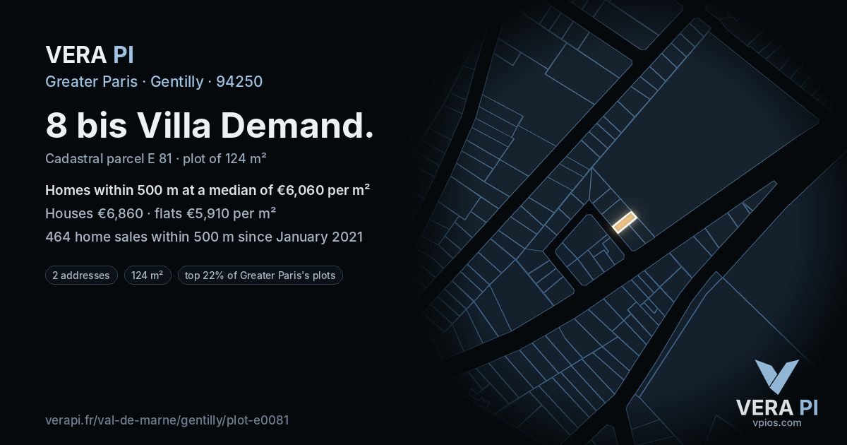 8 bis Villa Demand, Gentilly at night – the plot lit, the parcels around coloured by the prices near them