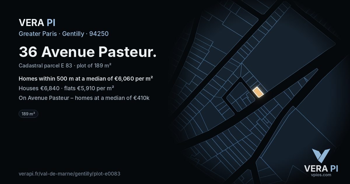 36 Avenue Pasteur, Gentilly at night – the plot lit, the parcels around coloured by the prices near them