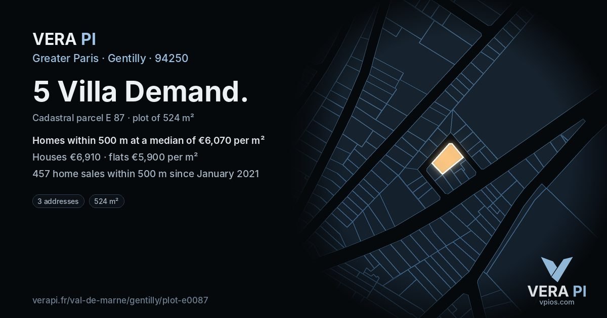 5 Villa Demand, Gentilly at night – the plot lit, the parcels around coloured by the prices near them