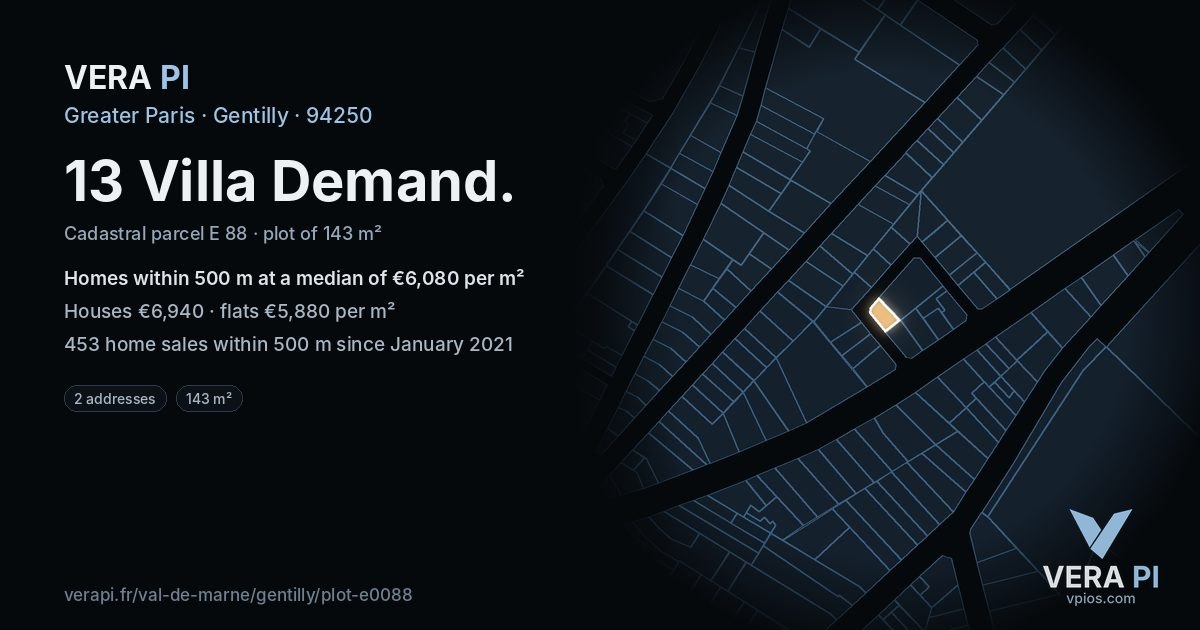 13 Villa Demand, Gentilly at night – the plot lit, the parcels around coloured by the prices near them