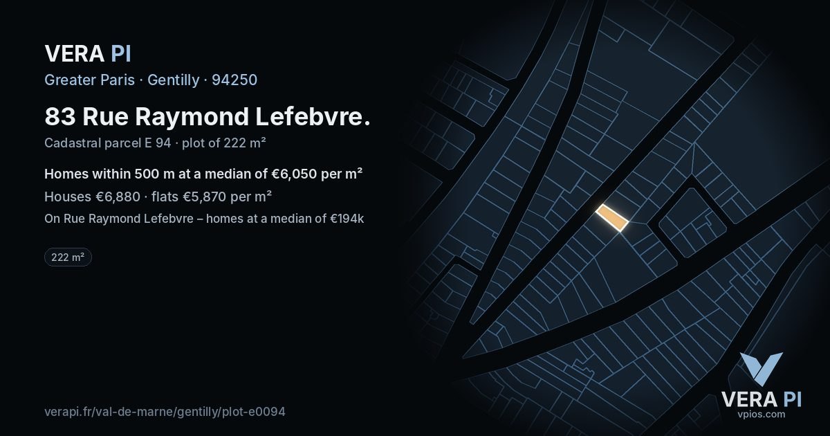 83 Rue Raymond Lefebvre, Gentilly at night – the plot lit, the parcels around coloured by the prices near them