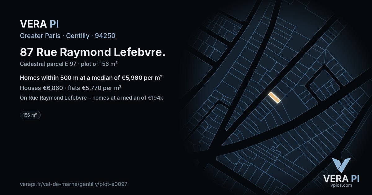87 Rue Raymond Lefebvre, Gentilly at night – the plot lit, the parcels around coloured by the prices near them