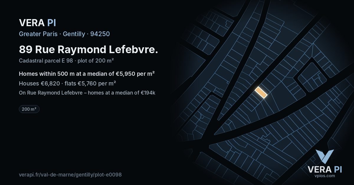 89 Rue Raymond Lefebvre, Gentilly at night – the plot lit, the parcels around coloured by the prices near them