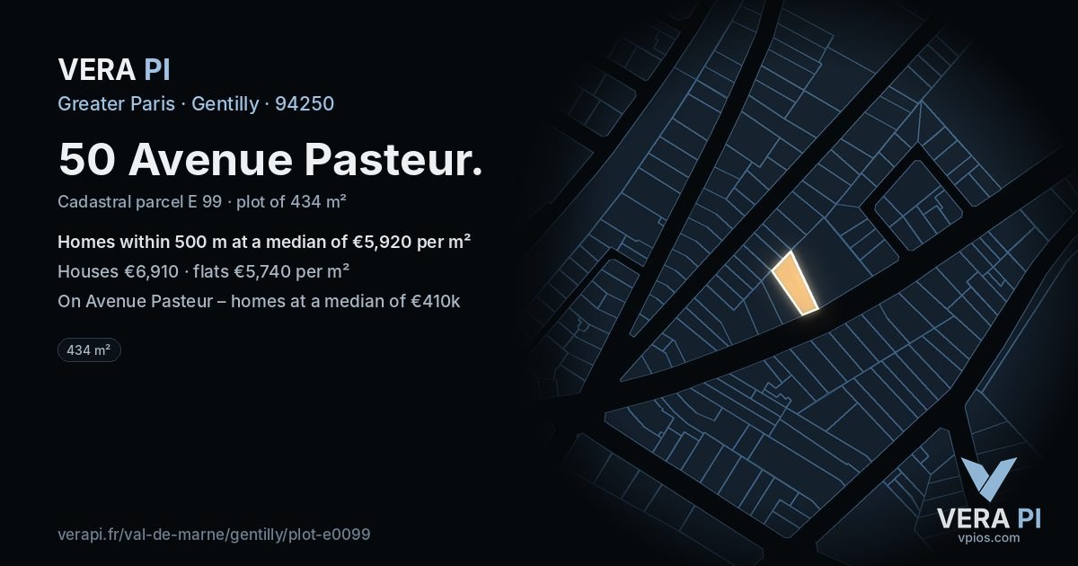 50 Avenue Pasteur, Gentilly at night – the plot lit, the parcels around coloured by the prices near them