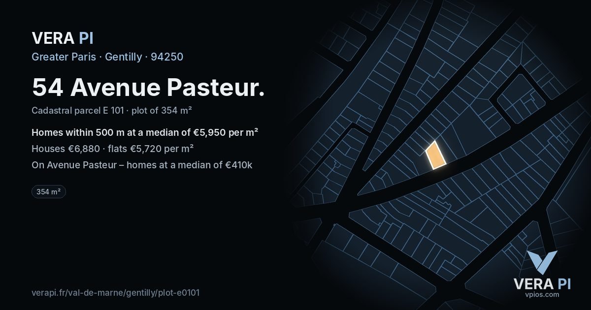 54 Avenue Pasteur, Gentilly at night – the plot lit, the parcels around coloured by the prices near them