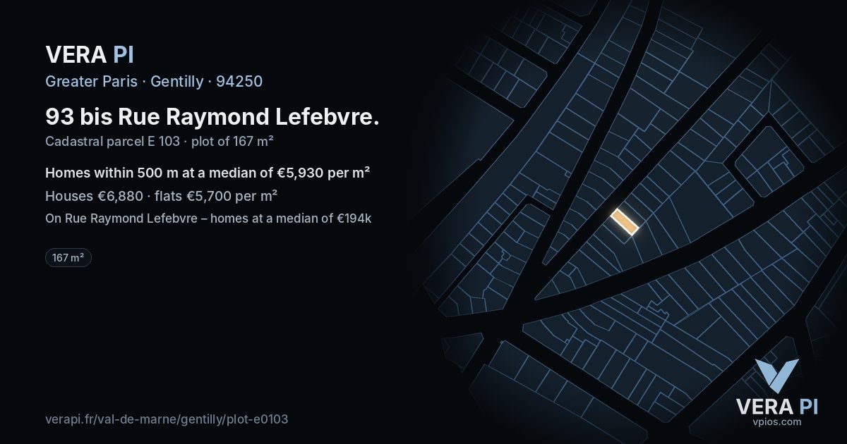 93 bis Rue Raymond Lefebvre, Gentilly at night – the plot lit, the parcels around coloured by the prices near them