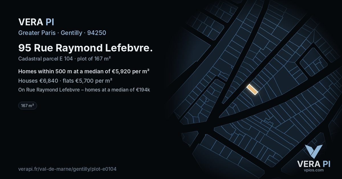 95 Rue Raymond Lefebvre, Gentilly at night – the plot lit, the parcels around coloured by the prices near them