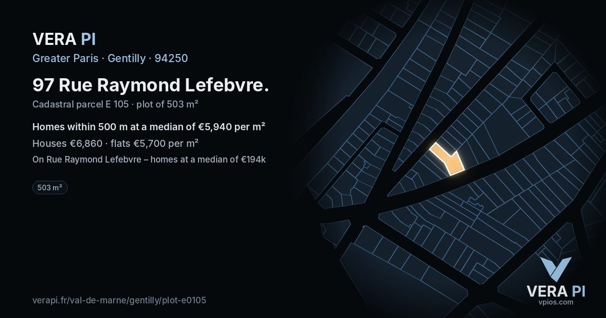 97 Rue Raymond Lefebvre, Gentilly at night – the plot lit, the parcels around coloured by the prices near them