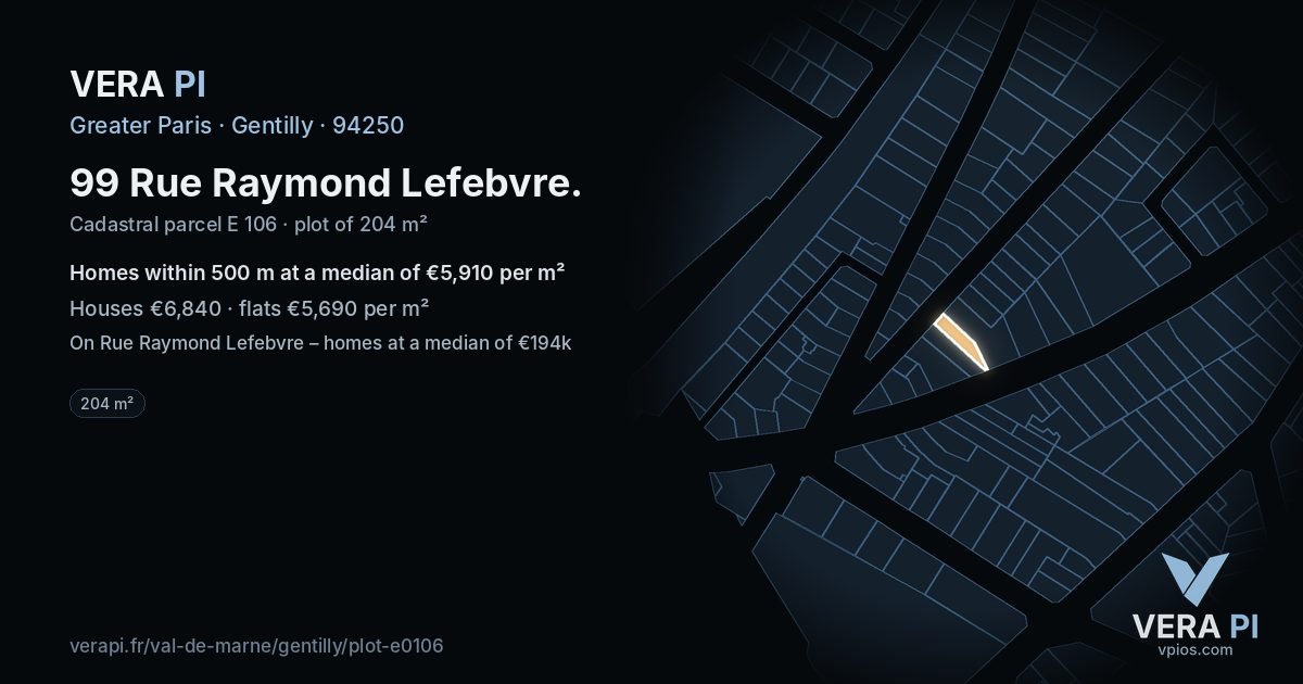 99 Rue Raymond Lefebvre, Gentilly at night – the plot lit, the parcels around coloured by the prices near them