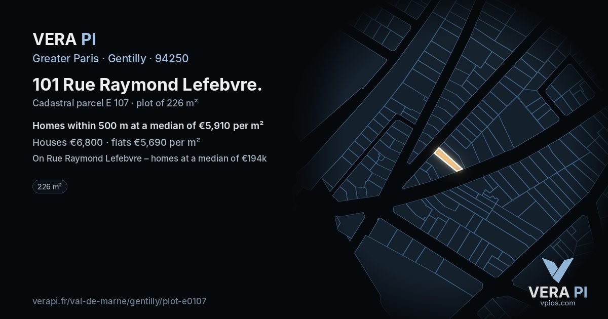 101 Rue Raymond Lefebvre, Gentilly at night – the plot lit, the parcels around coloured by the prices near them