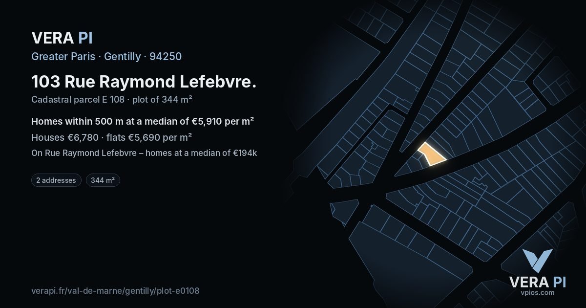 103 Rue Raymond Lefebvre, Gentilly at night – the plot lit, the parcels around coloured by the prices near them