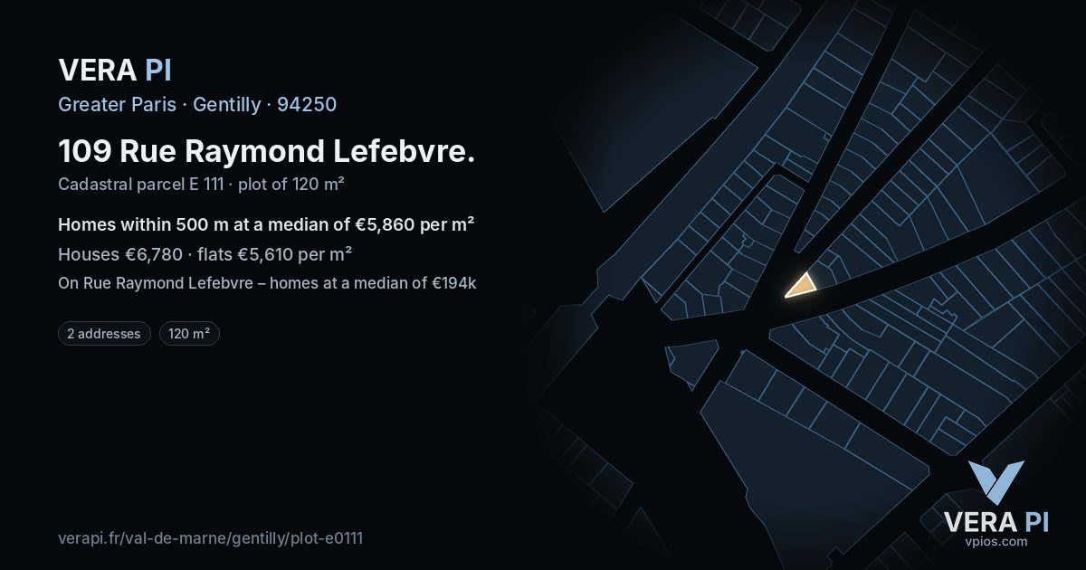 109 Rue Raymond Lefebvre, Gentilly at night – the plot lit, the parcels around coloured by the prices near them