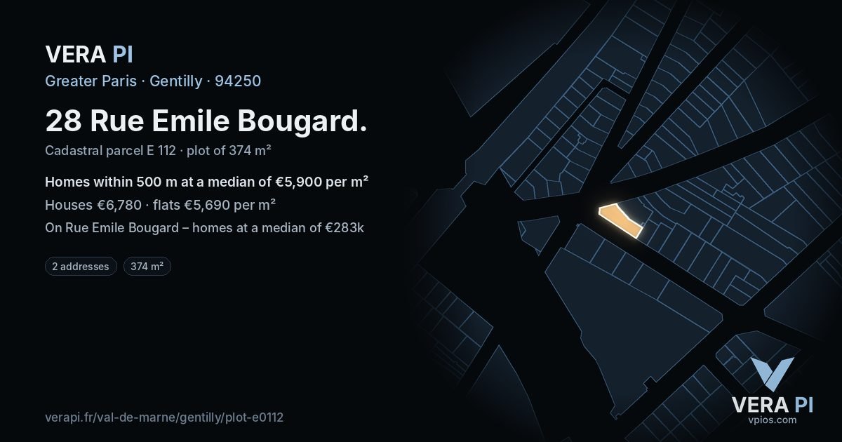 28 Rue Emile Bougard, Gentilly at night – the plot lit, the parcels around coloured by the prices near them