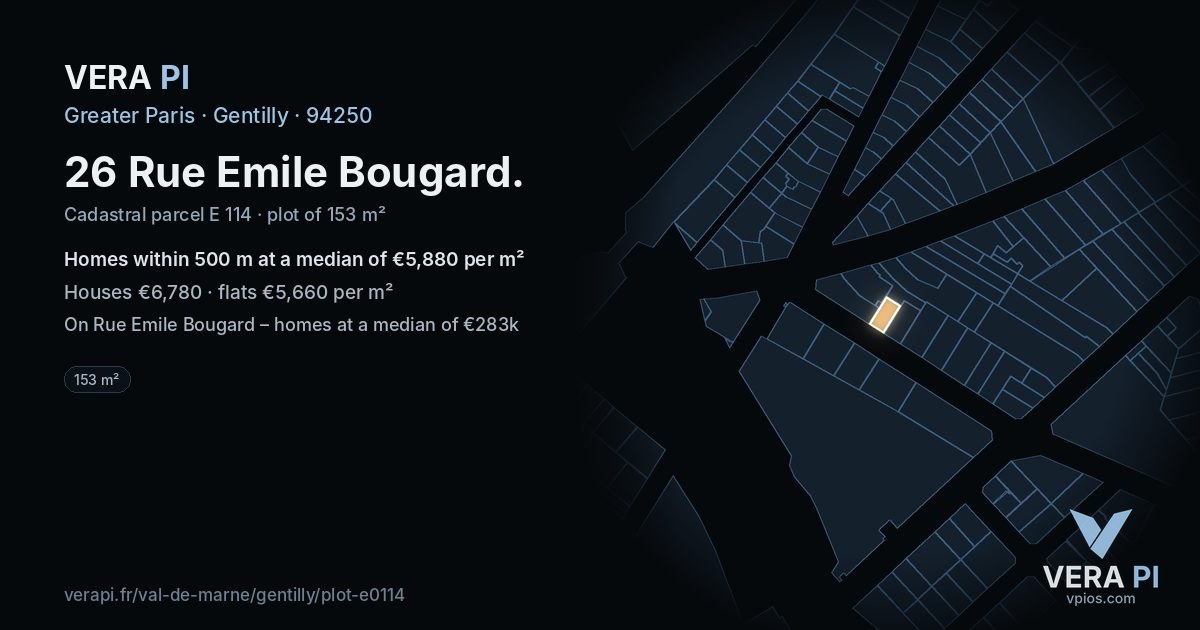 26 Rue Emile Bougard, Gentilly at night – the plot lit, the parcels around coloured by the prices near them