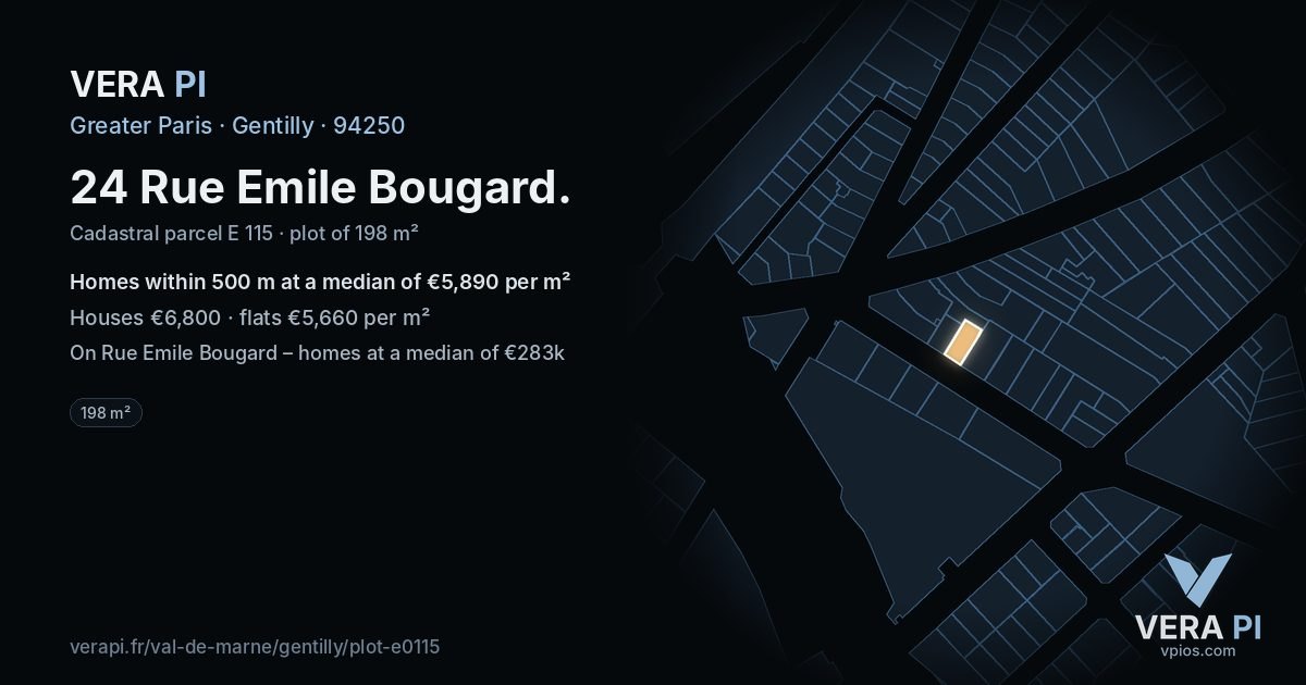 24 Rue Emile Bougard, Gentilly at night – the plot lit, the parcels around coloured by the prices near them