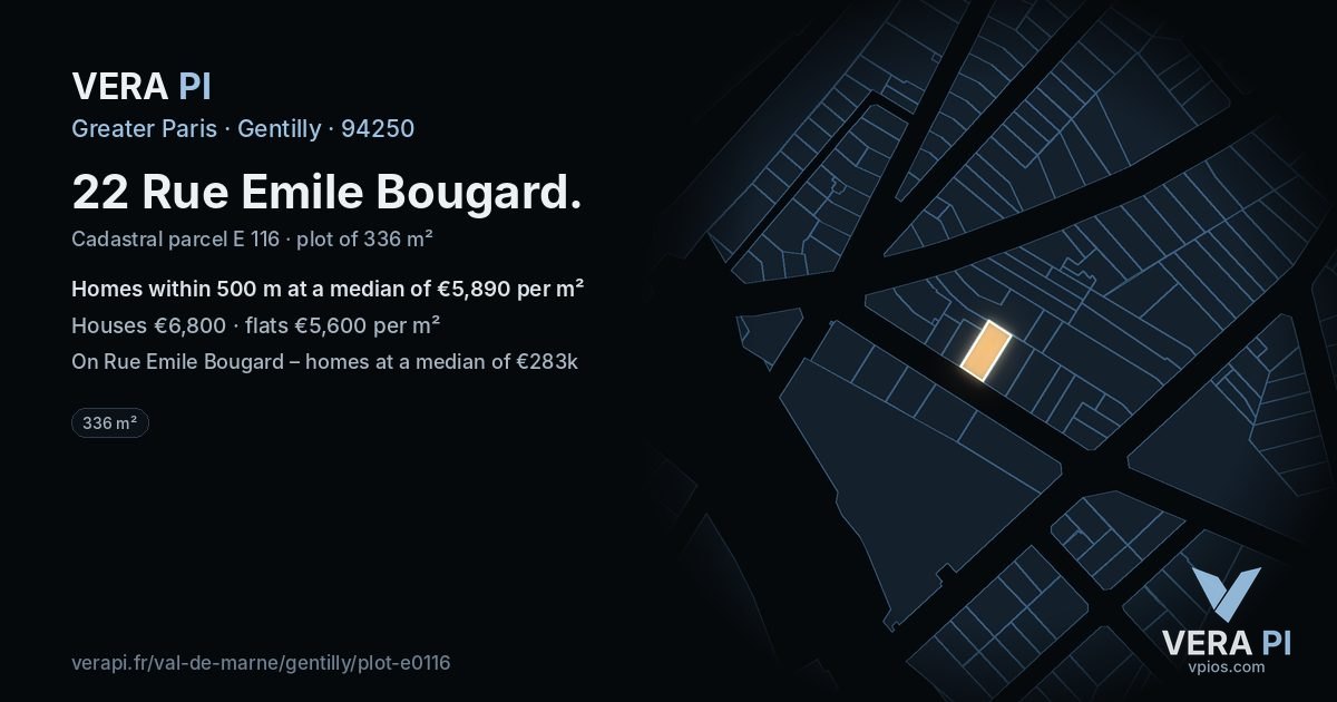 22 Rue Emile Bougard, Gentilly at night – the plot lit, the parcels around coloured by the prices near them