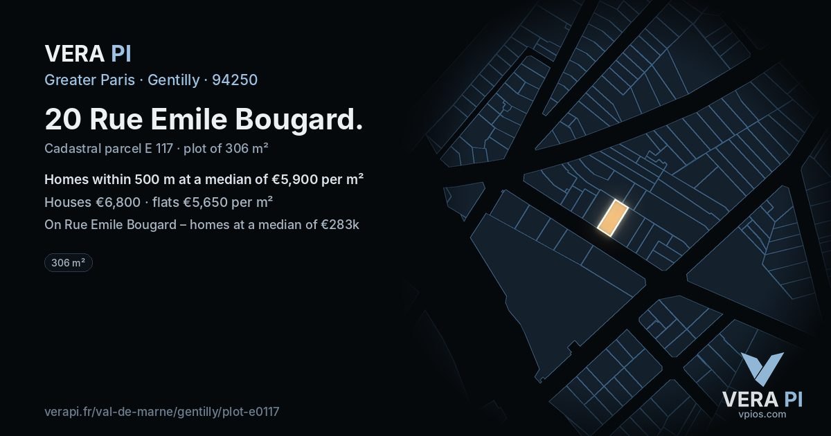 20 Rue Emile Bougard, Gentilly at night – the plot lit, the parcels around coloured by the prices near them