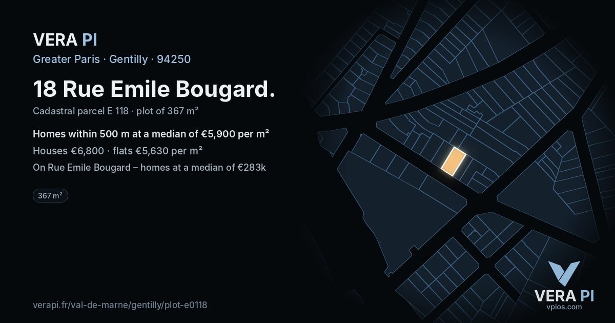 18 Rue Emile Bougard, Gentilly at night – the plot lit, the parcels around coloured by the prices near them