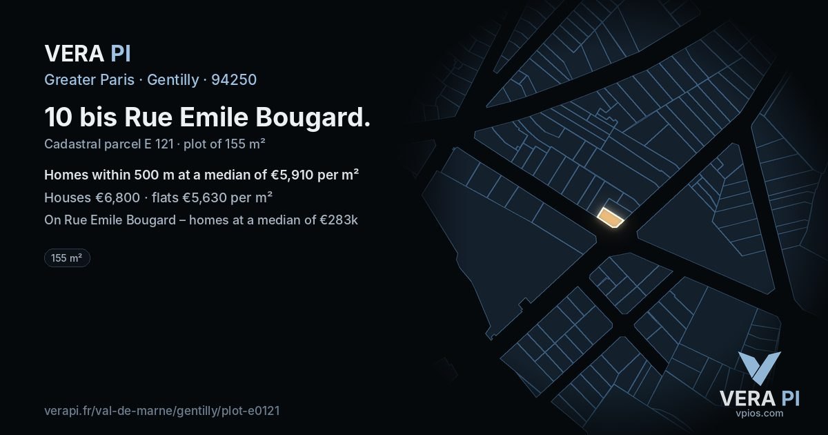 10 bis Rue Emile Bougard, Gentilly at night – the plot lit, the parcels around coloured by the prices near them